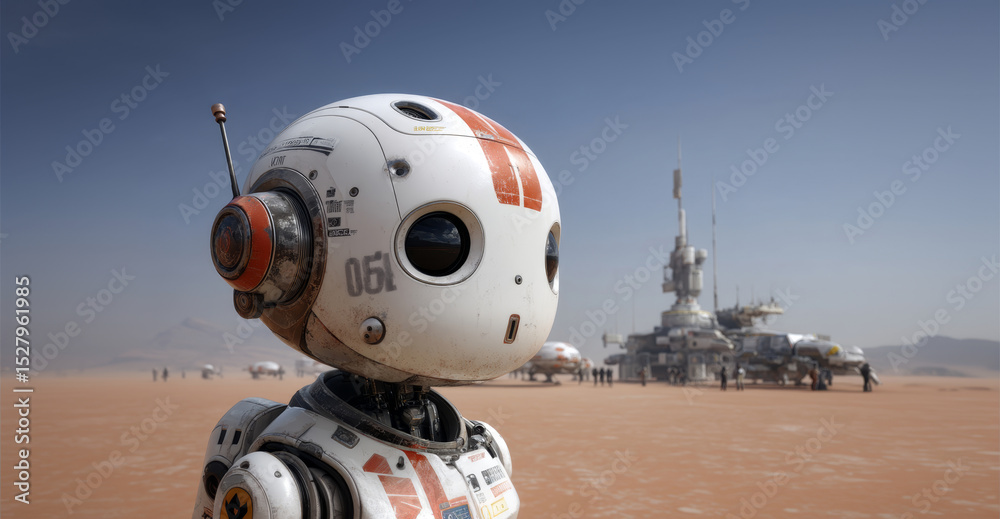 Poster a robot is stationed on a desert-like planet, observing the surroundings. equipment and structures a