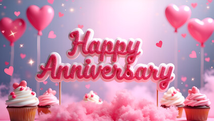 Colorful Happy Anniversary with Confetti and Pink Clouds