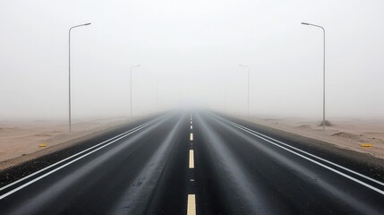 Fototapeta premium A deserted, wet road stretches into dense fog, flanked by barren land and streetlights fading into the misty distance.