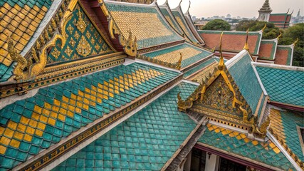 Temple's Rooftop Glory: Intricate tile architecture design on a historic temple's roof, reflecting the architectural splendor. A mesmerizing view of the rooftops showcases cultural heritage.
