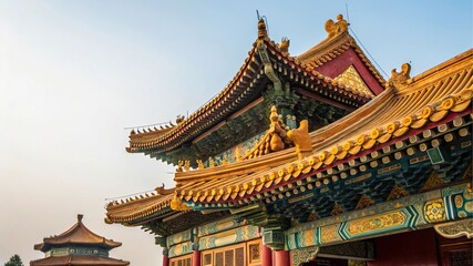 Naklejka premium Golden Roofs and Architectural Elegance: A close-up perspective highlights the intricate details of traditional architecture.