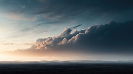 A dramatic sky with dark, billowing clouds above a calm, flat seascape during sunset or sunrise.