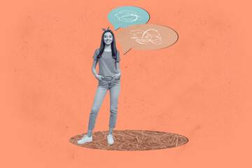 Full 3d poster art collage of happy girl guy stand bubble communication chatterbox speech scribble...