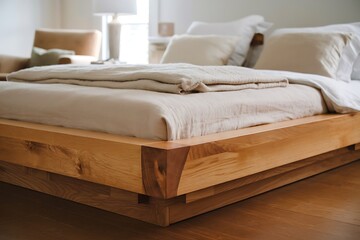 A Modern Minimalist Wooden Platform Bed Frame in a Calm Bedroom Setting