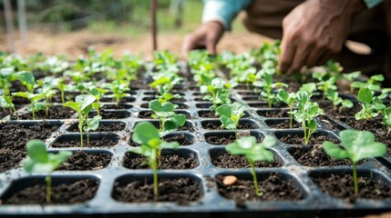 A farmer tending to newly planted seedlings, nurturing their growth after implantation