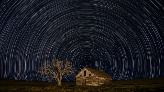 Long exposure video star trails over a small, lonely house in a rural landscape at night, symbolizing solitude and vastness