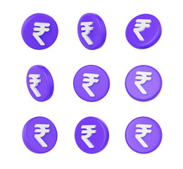 3d Purple coin with white Rupee symbol, representing Indian currency and finance. 3d illustration