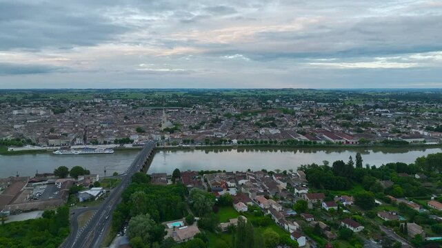 Twilight over Libourne from a drone, Gironde, Nouvelle-Aquitaine, Saint-&Eacute;milion and Pomerol, Southwestern France, Europe