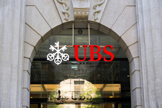 Close-up of arc with logo of Swiss bank UBS at famous Bahnhofstrasse on a sunny spring afternoon. Photo taken June 9th, 2025, Zurich, Switzerland.