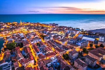Gradi, Italy. Town of Grado colorful architecture and archipelago aerial evening view