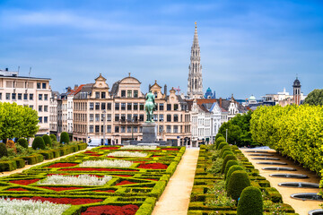 Brussels, Belgium. Scenic view of Brussels cathedral and cityscape from Mont des Arts park