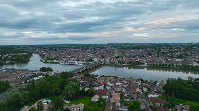 Twilight over Libourne from a drone, Gironde, Nouvelle-Aquitaine, Saint-&Eacute;milion and Pomerol, Southwestern France, Europe