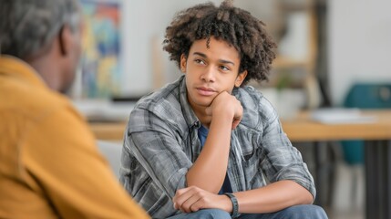 A young male counselor listens attentively to a recovering individual in a supportive atmosphere. They are in a bright, open counseling center, fostering healing and understanding