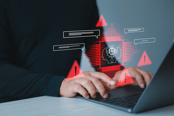 AI, technology and cybersecurity warnings are displayed as red holograms on laptop screens, which are futuristic chatbots, robot assistants, warnings of dangers, privacy violations and hacker risks.