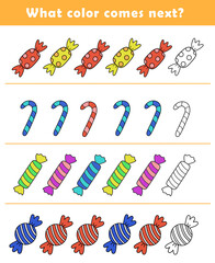 What color comes next? Educational logic game for kids with cute candy illustration. Worksheet for children.	