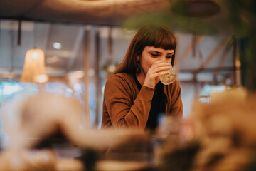 A woman sits alone in a cozy cafe, looking thoughtful as she sips her drink. The warm ambiance adds...