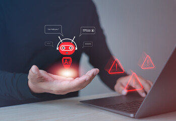 AI, technology and cybersecurity warnings are displayed as red holograms on laptop screens, which are futuristic chatbots, robot assistants, warnings of dangers, privacy violations and hacker risks.