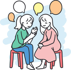 Friendly Conversation Two Girls Chatting Art. Perfect for content related to friendship, mental health conversations, open communication, counseling, or emotional support