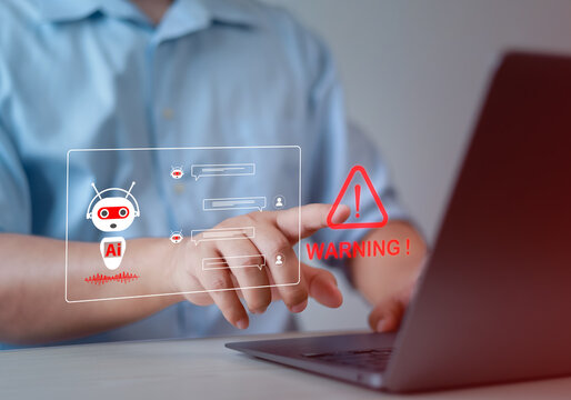 AI, technology and cybersecurity warnings are displayed as red holograms on laptop screens, which are futuristic chatbots, robot assistants, warnings of dangers, privacy violations and hacker risks.