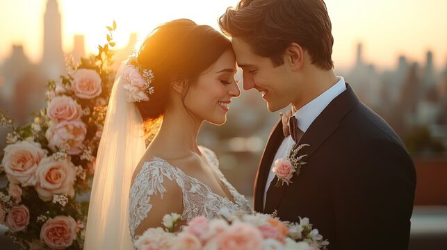 Joyful couple smiles at each other while embracing during their wedding ceremony at sunset on a rooftop. Beautiful floral arrangements surround them, enhancing the romantic atmosphere.