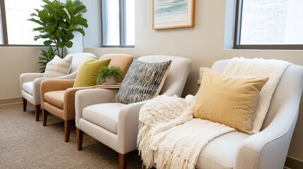 Three cozy armchairs in soft colors are arranged near a window, adorned with decorative pillows. A green plant adds a fresh touch to the soothing therapy office ambiance