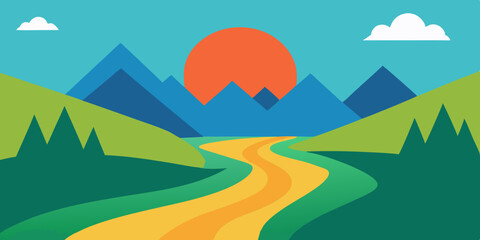 Obraz premium A wide meandering calm green and flat valley river cartoon video background scene vector illustration