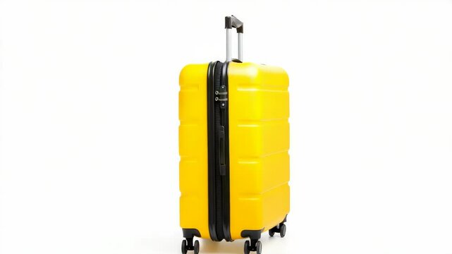 Yellow hard-shell rolling suitcase with retractable handle, realistic style, isolated on white background. Concept of travel and luggage