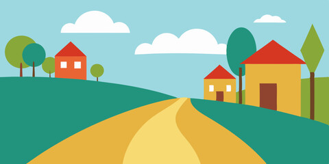 A quaint cobblestone country pretty and old village road cartoon video background scene vector illustration