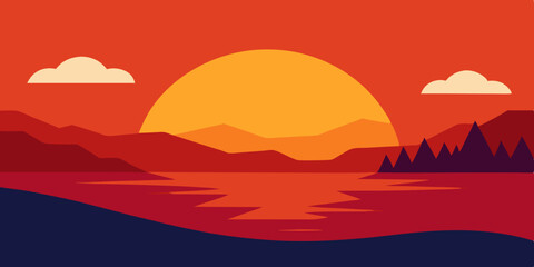 A tranquil orange reflective serene and calm sunset on lake cartoon video background scene vector illustration