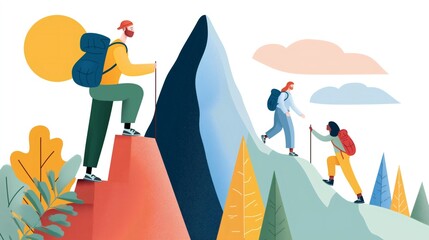 Three professional hikers are traversing a colorful mountain range under a bright sun. The diverse group enjoys their expedition amidst lush trees and stunning scenery during daylight