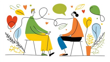 Two individuals engage in a therapeutic session, sitting on chairs surrounded by abstract shapes and plants