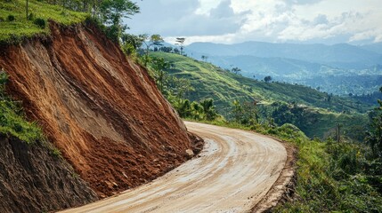 A landslide blocking a winding hillside road, illustrating the sudden occurrence of impassable obstacles