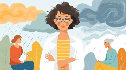 A confident professional female stands in front of a dynamic backdrop showcasing varied weather patterns. Two other women engage in separate activities, reflecting diverse perspectives
