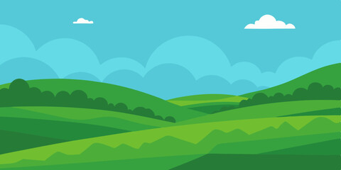 A rolling idyllic and lush verdant green pasture cartoon video background scene vector illustration