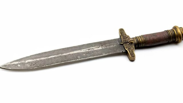 Decorative Damascus steel dagger with engraved bronze hilt and wooden handle, isolated on white background, concept of ancient weaponry