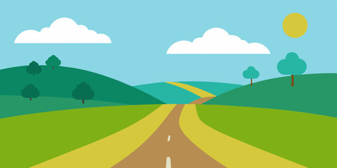 Obraz premium A winding quiet and peaceful rural countryside road cartoon video background scene vector illustration