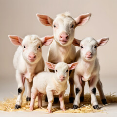 Fototapeta premium A group of four adorable white baby cows standing together on a bed of straw in a studio setting