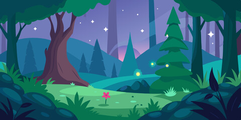A magical fairy glowing and whimsical enchanted forest cartoon video background scene vector illustration