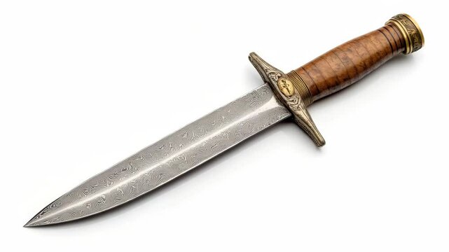Detailed Damascus steel dagger with engraved brass guard, wooden grip, isolated on white background. Concept of craftsmanship and weaponry
