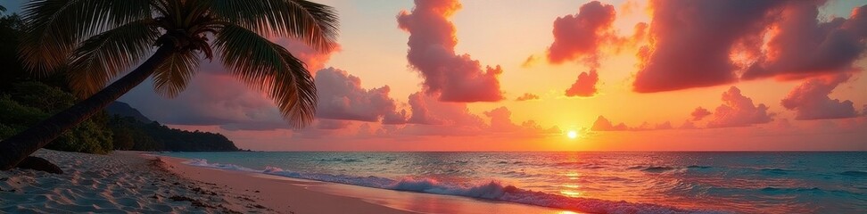 Stunning Caribbean beach scene, sunset hues paint the sky, palm silhouettes , photography, silhouette