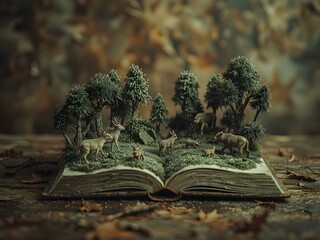 Nature's Story: An open book unfolds, revealing a miniature woodland scene populated with graceful deer and vibrant trees, celebrating the allure of literature and the wonders of the natural world. 