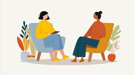 Two women are depicted in a therapy setting. One woman sits in a blue armchair holding a tablet. The other woman listens from a yellow armchair; potted plants accent the room