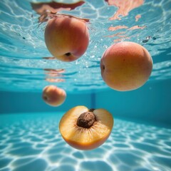 Surreal apricot suspension shot in a swimming pool