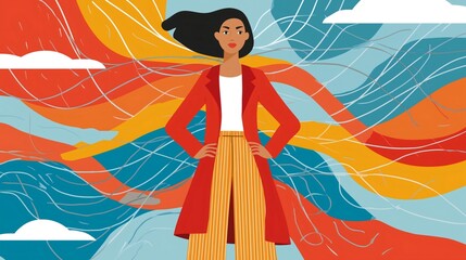 A confident Woman stands with hands on hips, clad in a red coat and striped pants. Behind her is an artistic design with swirling lines and colors, conveying ambition