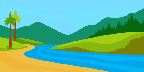 Obraz premium A serene calm and peaceful scenic riverbank cartoon video background scene vector illustration