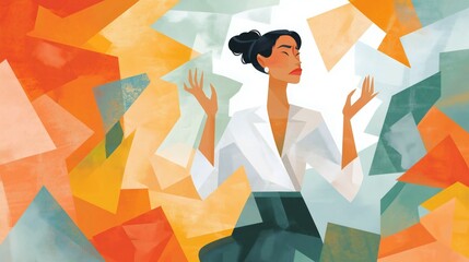A woman in a white shirt is centered with her hands raised, eyes closed, against a bright background of geometric shapes. The background is orange, yellow, green and teal