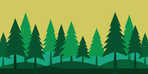 Obraz premium A quiet peaceful tall sunlit green pine grove cartoon video background scene vector illustration