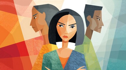 A geometric illustration featuring a woman with crossed arms in the foreground. Two people stand back to back behind her against an abstract geometric background