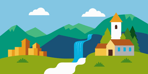 A quaint scenic beautiful village near waterfall cartoon video background scene vector illustration