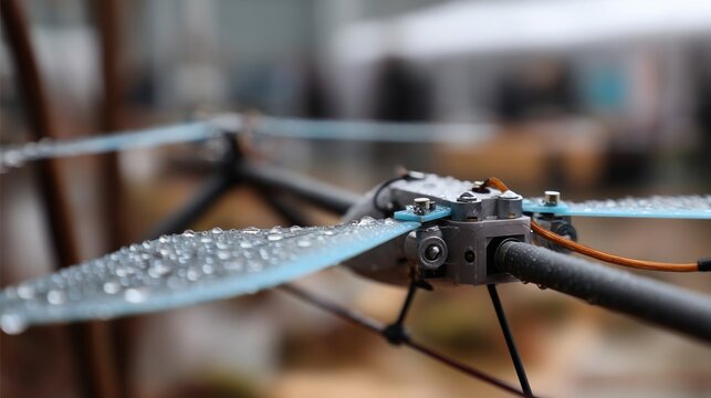 A closeup view of a dragonflyshaped microdrones propellers and weather sensors showcasing its design and technology aimed at tracking hyperlocal precipitation patterns in urban neighborhoods.